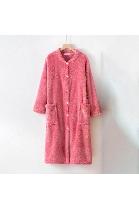 Womens Fleece Nightgowns Soft Comfy Button Down Long Robe Winter Thick Plush Warm Bathrobe Casual Loungewear with Pockets