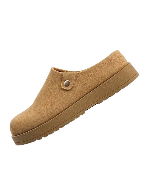 Womens Flock Metal‑Button Decor Round Toe Slip‑On Backless Clog Mule Casual Shoes