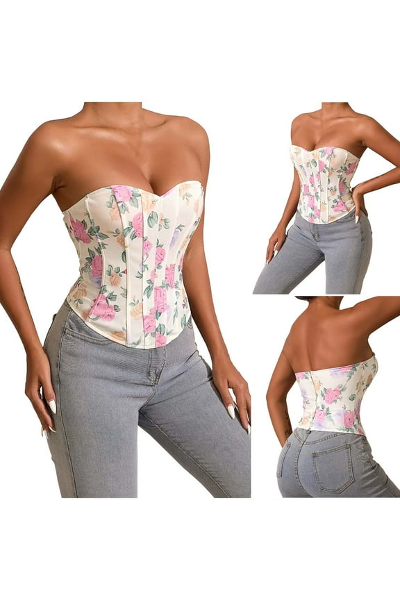 Womens Floral Corset Tops Vintage Strapless Push Up Boned Shapewear Crop Tops Fashion Zipper Back Waist Bodyshaper Tops