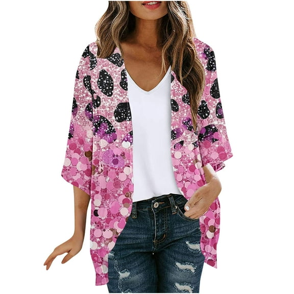 Abomasnow Womens Floral Print Chiffon Kimono Cover Ups 3/4 Sleeve Kimono Cardigans Casual Shawl Cardigan Loose Open Front Kimono Tops