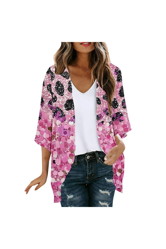 Womens Floral Print Chiffon Kimono Cover Ups 3/4 Sleeve Kimono Cardigans Casual Shawl Cardigan Loose Open Front Kimono Tops