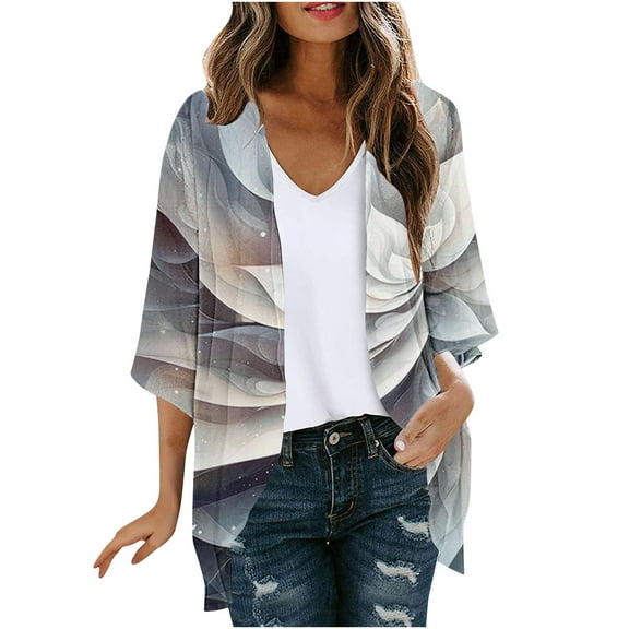Abomasnow Womens Floral Print Chiffon Kimono Cover Ups 3/4 Sleeve Kimono Cardigans Casual Shawl Cardigan Loose Open Front Kimono Tops