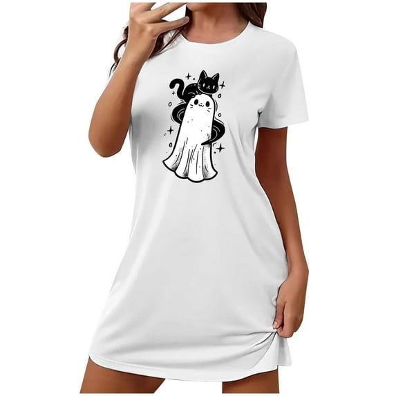 Cxenplz Womens Halloween Nightgown Casual Summer Fall Crewneck Short Sleeve T Shirt Deess Soft Loose Print Tunic Shirt Pajamas Sleepwear on Clearance