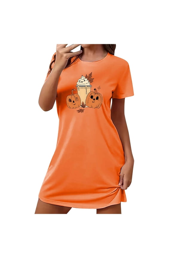Womens Halloween Nightgown Casual Summer Fall Crewneck Short Sleeve T Shirt Deess Soft Loose Print Tunic Shirt Pajamas Sleepwear on Clearance