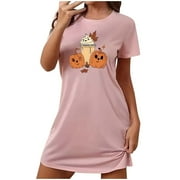 CXENPLZ Womens Halloween Nightgown Casual Summer Fall Crewneck Short Sleeve T Shirt Deess Soft Loose Print Tunic Shirt Pajamas Sleepwear on Clearance
