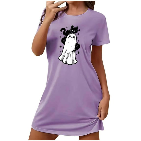 Cxenplz Womens Halloween Nightgown Casual Summer Fall Crewneck Short Sleeve T Shirt Deess Soft Loose Print Tunic Shirt Pajamas Sleepwear on Clearance