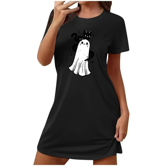 Cxenplz Womens Halloween Nightgown Casual Summer Fall Crewneck Short Sleeve T Shirt Deess Soft Loose Print Tunic Shirt Pajamas Sleepwear on Clearance