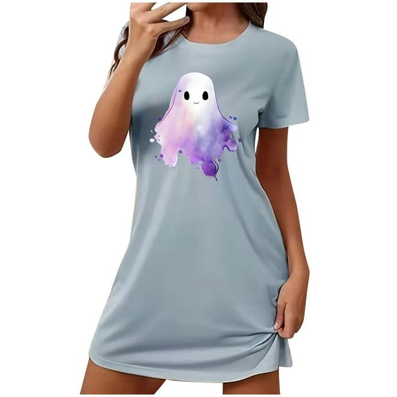 Abomasnow Womens Halloween Nightgown Casual Summer Fall Crewneck Short Sleeve T Shirt Deess Soft Loose Print Tunic Shirt Pajamas Sleepwear on Clearance