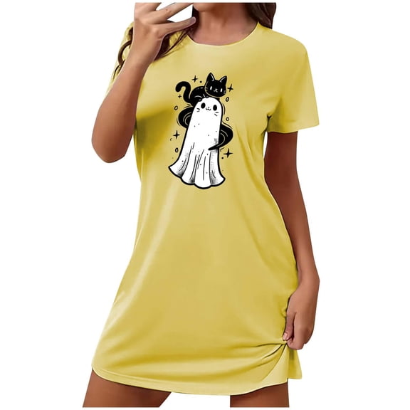 Cxenplz Womens Halloween Nightgown Casual Summer Fall Crewneck Short Sleeve T Shirt Deess Soft Loose Print Tunic Shirt Pajamas Sleepwear on Clearance