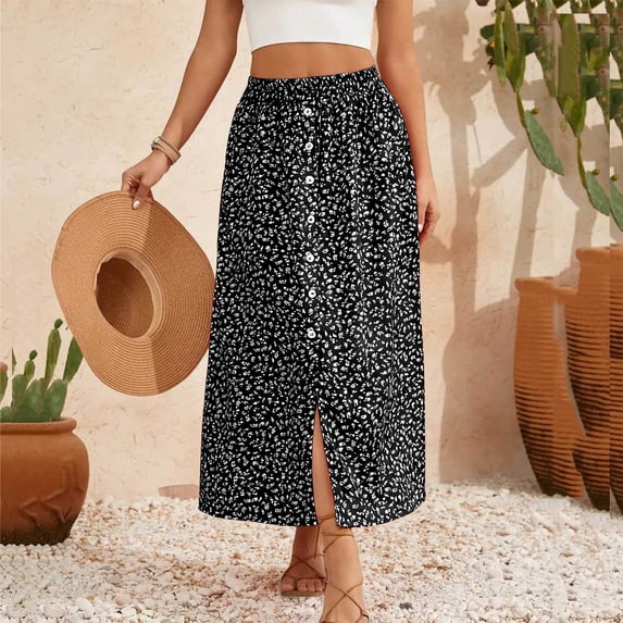 Abomasnow Womens High Waist Maxi Skirts Single Button Slit Long Skirts Boho Floral Print Beach Vacation Outfits S-2XL