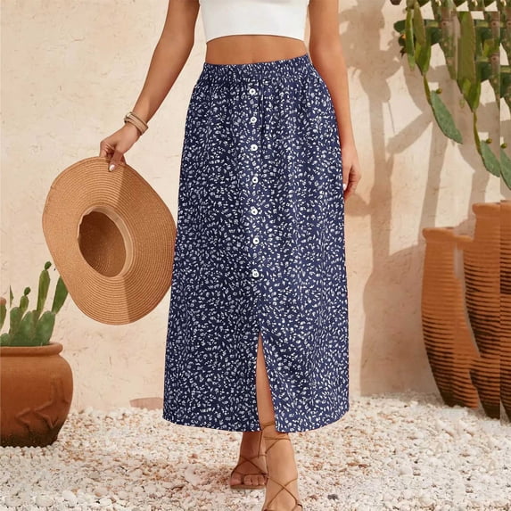 Abomasnow Womens High Waist Maxi Skirts Single Button Slit Long Skirts Boho Floral Print Beach Vacation Outfits S-2XL