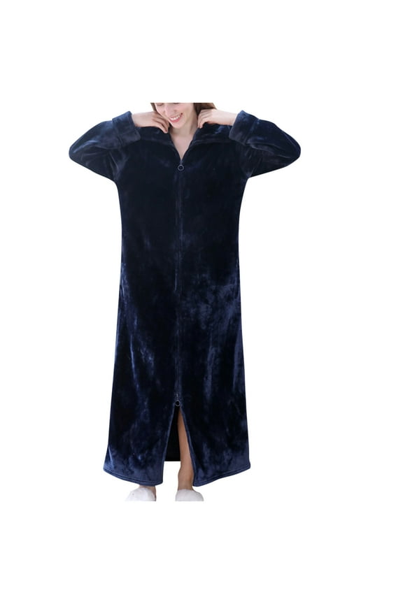 Womens Housecoat Zip Robe, Fleece Zip Up Front Robe Bathrobe, Plush Warm Zipper House Coat Lounger with Pockets, Long