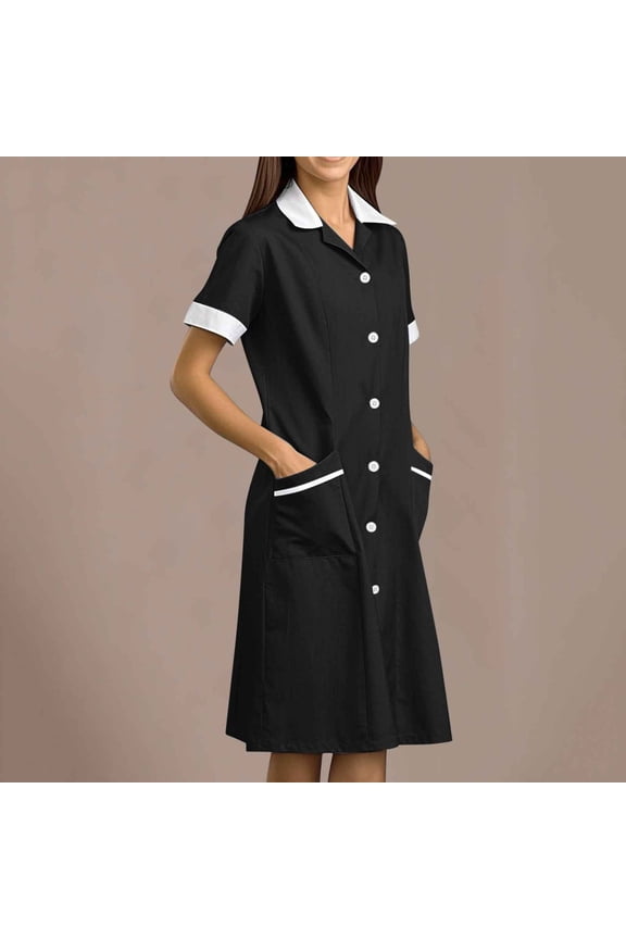Womens Housekeeping Maid Uniform Dress 2025 Short Sleeve Button Down Scrub Dresses Workwear with Pockets