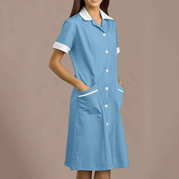 Abomasnow Womens Housekeeping Maid Uniform Dress 2025 Short Sleeve Button Down Scrub Dresses Workwear with Pockets