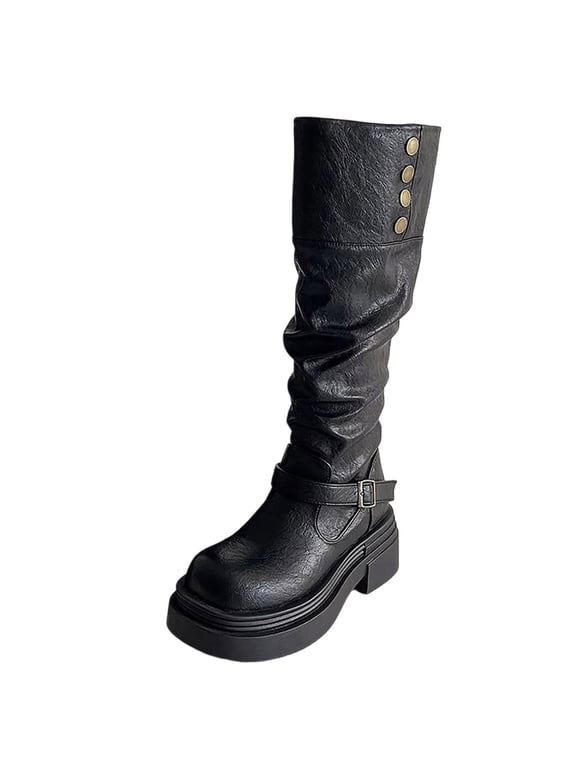 Womens Knee High Slouch Boots, Pull On Tall Boots, Round Toe Chunky Block Heel Faux Leather Boots with Strap and Button Decor for Street Style