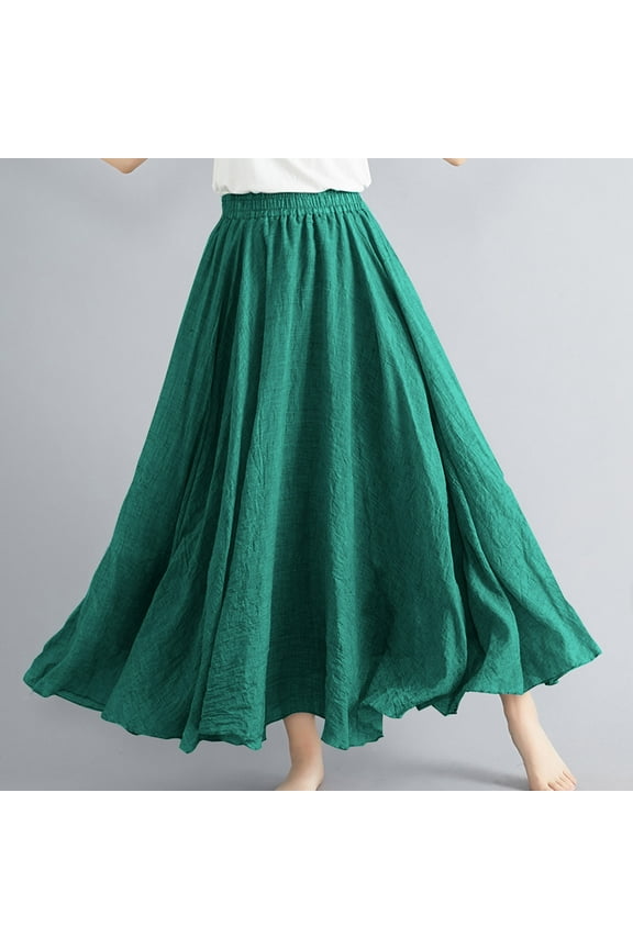 Womens Linen Maxi Skirt Fall Boho Solid Beach Elastic High Waist Pleated A-Line Flowy Swing Long Maxi Skirts Casual Loose Fit Skirts One Size