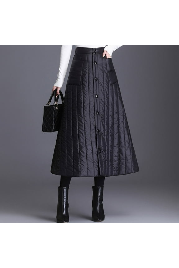 Womens Long Quilted Puffer Skirt Slim Fit High Waist Button Down Thick Warm Skirts with Pockets