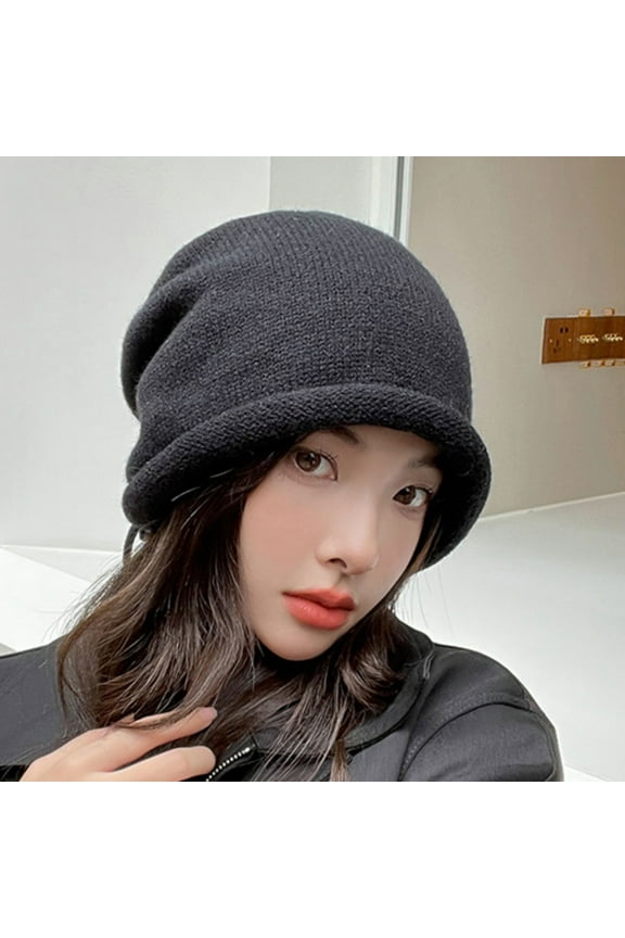 Womens Mens Stacked Hat Slouchy Drawstring Stack Hat Knitted Soft Warm Rolled Brim Hat, Slouchy Knit Folded Hat on Clearance