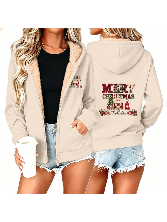 Womens Merry Christmas Gnome Graphic Zip Up Hooded Jacket Sherpa Lined Winter Coat Holiday Outerwear