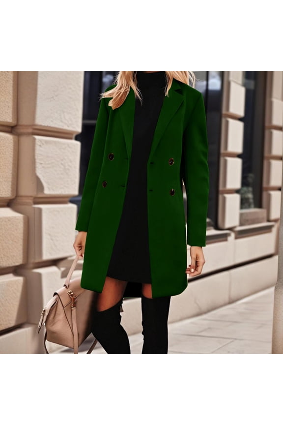 Womens Notched Lapel Collar Double Breasted Pea Coat Winter Wool Blend Over Coats Long Jackets S-2XL