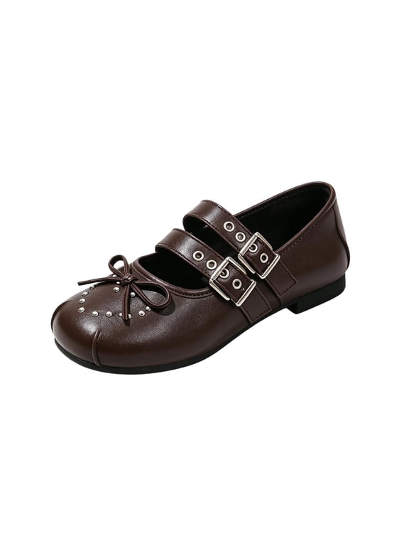 Womens PU Studded Bow Double Buckle Strap Round Toe Mary Jane Flat Shoes