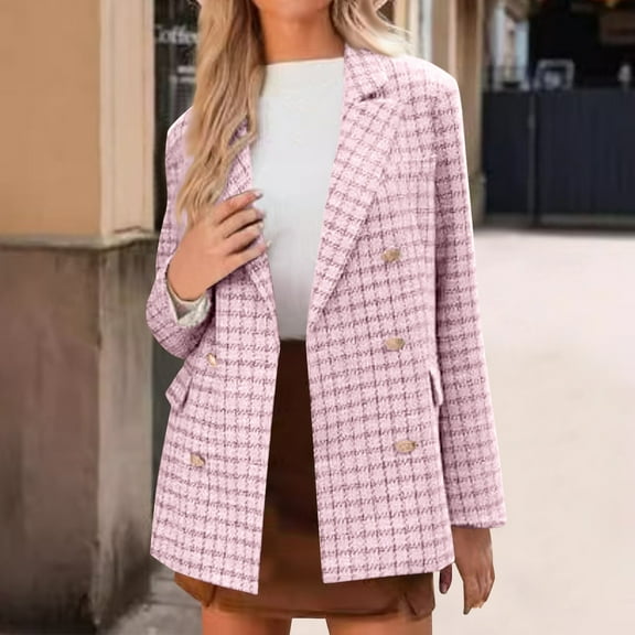 Abomasnow Womens Plaid Tweed Blazers Dressy Casual Long Sleeve Double Breasted Open Front Blazer Jackets Work Suits