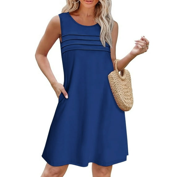 Abomasnow Womens Pleated Front Tank Dresses Fashion Summer Spring Sleeveless Pockets Sundress Casual Solid Color Beach Cover Ups Mini Dress