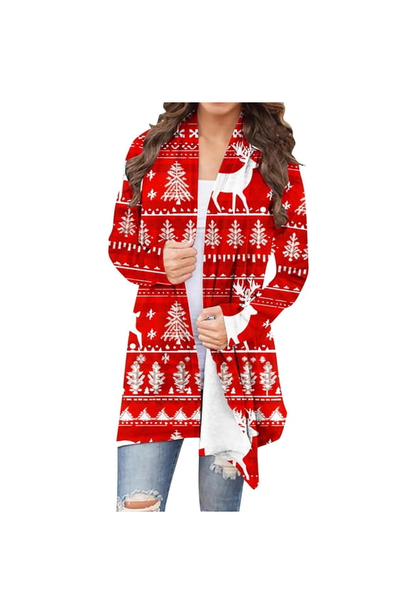 Womens Plus Size Cardigan Sweaters Lightweight Long Sleeve Xmas Tree Print Knitting Kimono Casual Open Front Christmas Coats S-5X