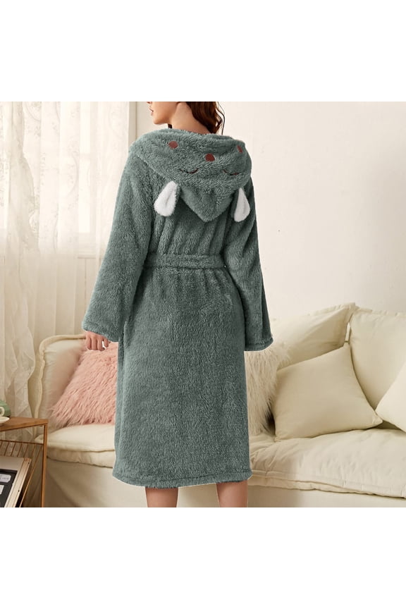 Womens Plush Hooded Robe, Winter Fashion Soft Fleece Robe Cute Full Length Fall Warm Bathrobes Cozy Nightgown Sleepwear with Pockets