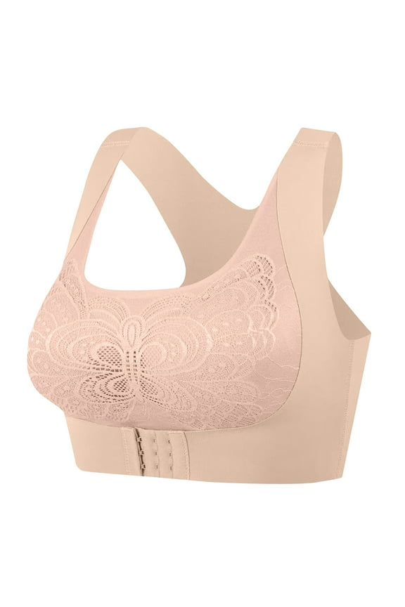 Womens Posture Wirefree Bras Full-Coverage Corrector Adjustment Bra Shaping Lightly Lined Bras Seamless Back Double Support Lace Bra