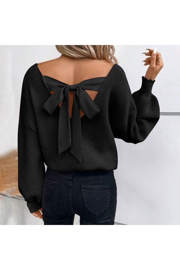 Womens Pullover Sweaters Casual Long Sleeve V Neck Knit Tops Fall Winter Off The Shoulder Backless Knitwear S-XL