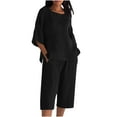 thumbnail image 1 of Abomasnow Womens Ribbed Knit Lounge Set 3/4 Sleeve Top and Bermuda Pants Sleepwear Pajama Set Two Piece Matching Outfits Set, 1 of 5
