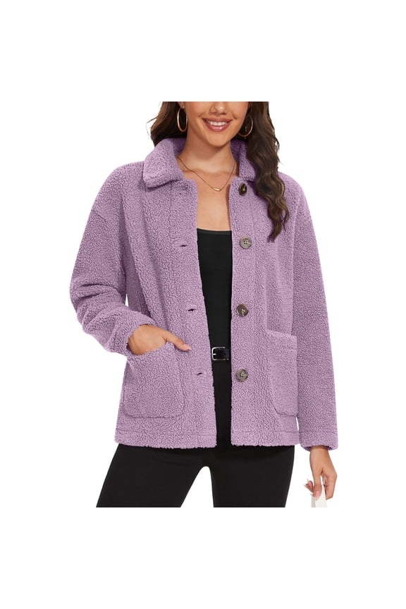 Womens Sherpa Fleece Jackets Winter Long Sleeve Fuzzy Warm Jackets Button Down Lapel Coat Outwear with Pockets