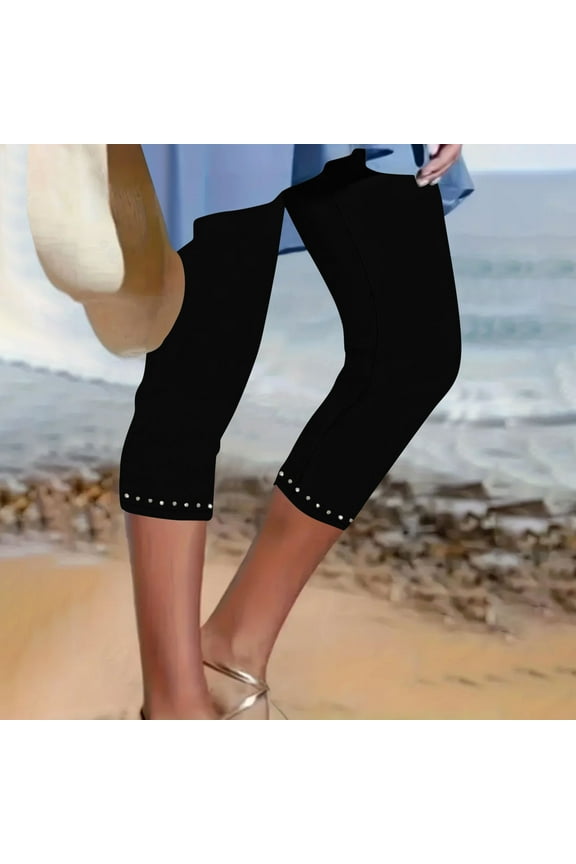 Womens Stretch Capri Pants High Waisted Rhinestone Trim Capri Leggings Workout Yoga Pants Comfy Compression Joggers S-3XL