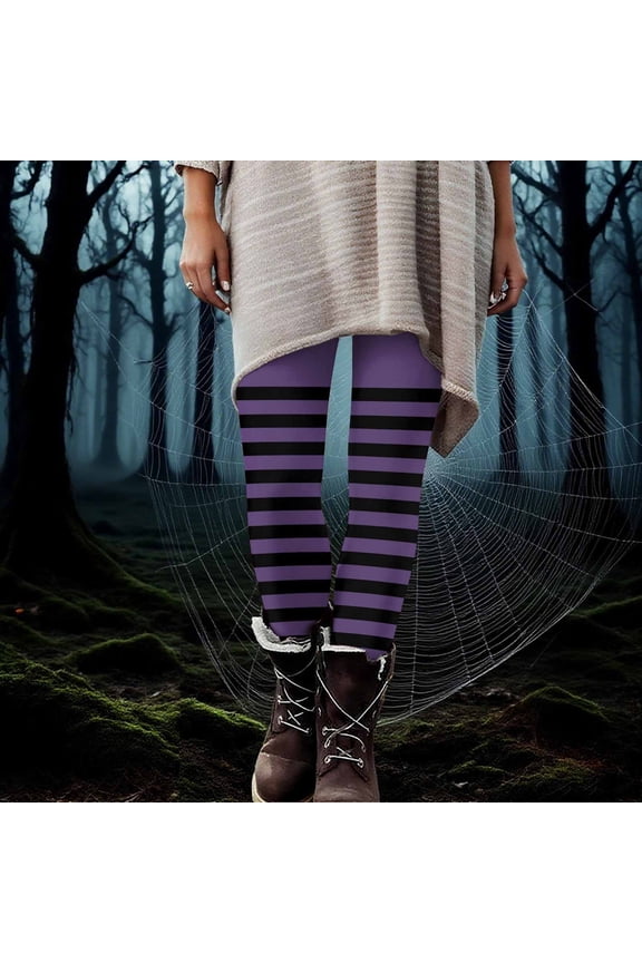 Womens Striped Printed Leggings High Waist Ankle Length Footless Stretchy Tights S-3XL