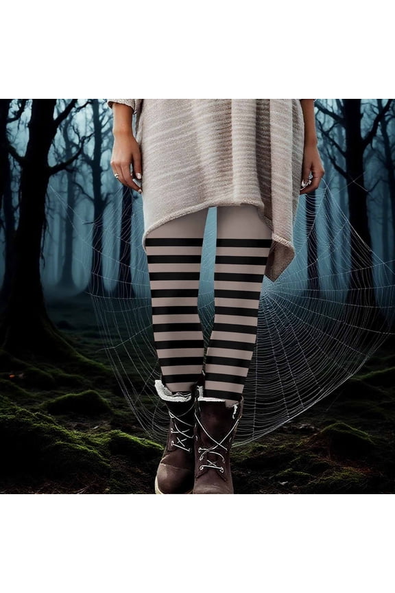 Womens Striped Printed Leggings High Waist Ankle Length Footless Stretchy Tights S-3XL