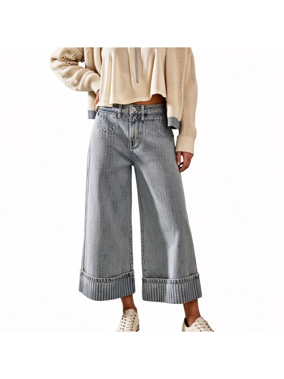 Womens Striped Wide Leg Jeans High Waisted Baggy Boyfriend Cuffed Denim Pants Casual Streetwear Pants with Pockets