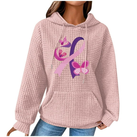 Abomasnow Womens Waffle Knit Sweatshirt Breast Cancer Awareness Hoodies, Drawstring Graphic Print Hoodies Casual Loose Fit Fall Winter Pullover Hoodie Sweatshirts
