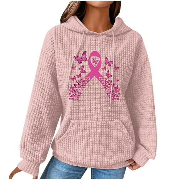 Abomasnow Womens Waffle Knit Sweatshirt Breast Cancer Awareness Hoodies, Drawstring Graphic Print Hoodies Casual Loose Fit Fall Winter Pullover Hoodie Sweatshirts