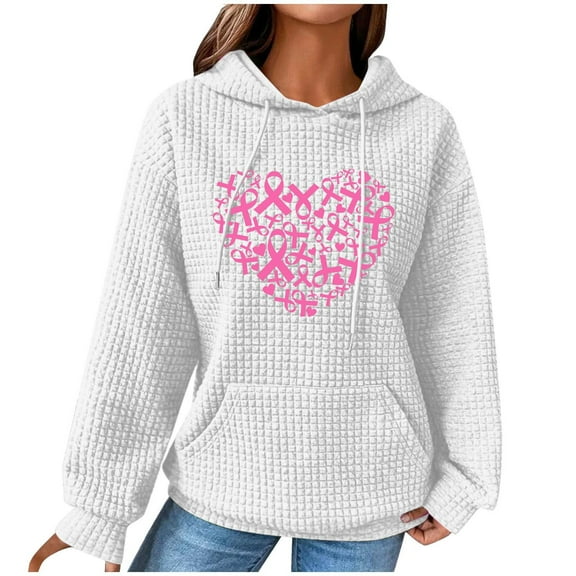 Abomasnow Womens Waffle Knit Sweatshirt Breast Cancer Awareness Hoodies, Drawstring Graphic Print Hoodies Casual Loose Fit Fall Winter Pullover Hoodie Sweatshirts
