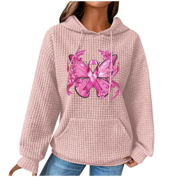 Abomasnow Womens Waffle Knit Sweatshirt Breast Cancer Awareness Hoodies, Drawstring Graphic Print Hoodies Casual Loose Fit Fall Winter Pullover Hoodie Sweatshirts