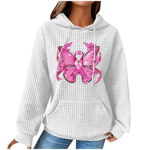 Abomasnow Womens Waffle Knit Sweatshirt Breast Cancer Awareness Hoodies, Drawstring Graphic Print Hoodies Casual Loose Fit Fall Winter Pullover Hoodie Sweatshirts