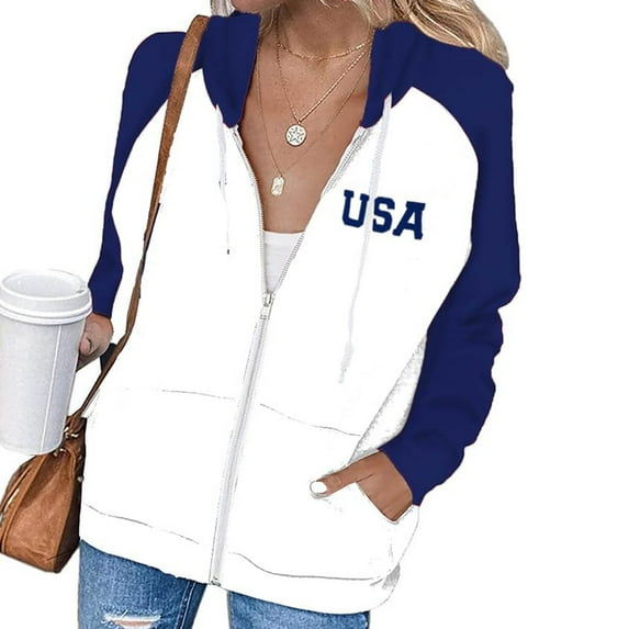 Abomasnow Womens Zip Up Hoodie American Flag Graphic Long Sleeve Freedom Shirts Casual Drawstring Hooded Sweatshirt