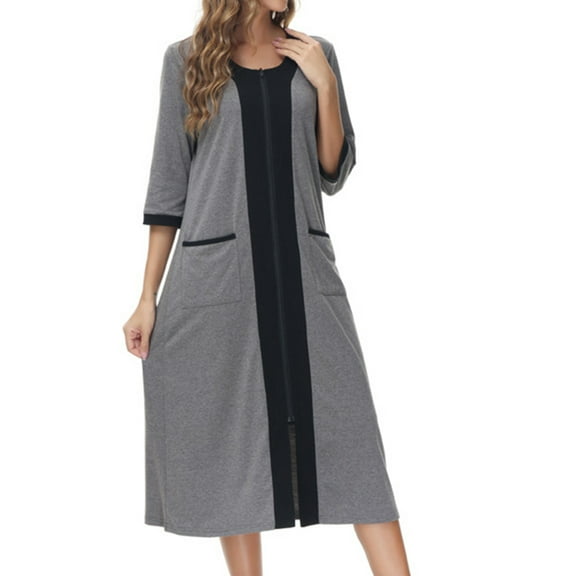 Abomasnow Womens Zipper Front Nightgown Long Sleeve Cotton Loungewear Lightweight 3/4 Sleeve Full Length Housecoat with Pockets
