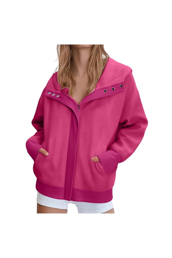 Zip Up Hoodies for Women Lightweight Long Sleeve Button Down Lapel Ribbed Knit Hooded Sweatshirt