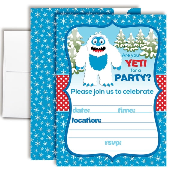 Abominable Snowman Yeti Winter Birthday Invitations for Kids, 20 Fill-In Cards with Envelopes, 5x7 Children's Birthday Party Invitations, Birthday Party Supplies, Made in USA by Amanda Creation