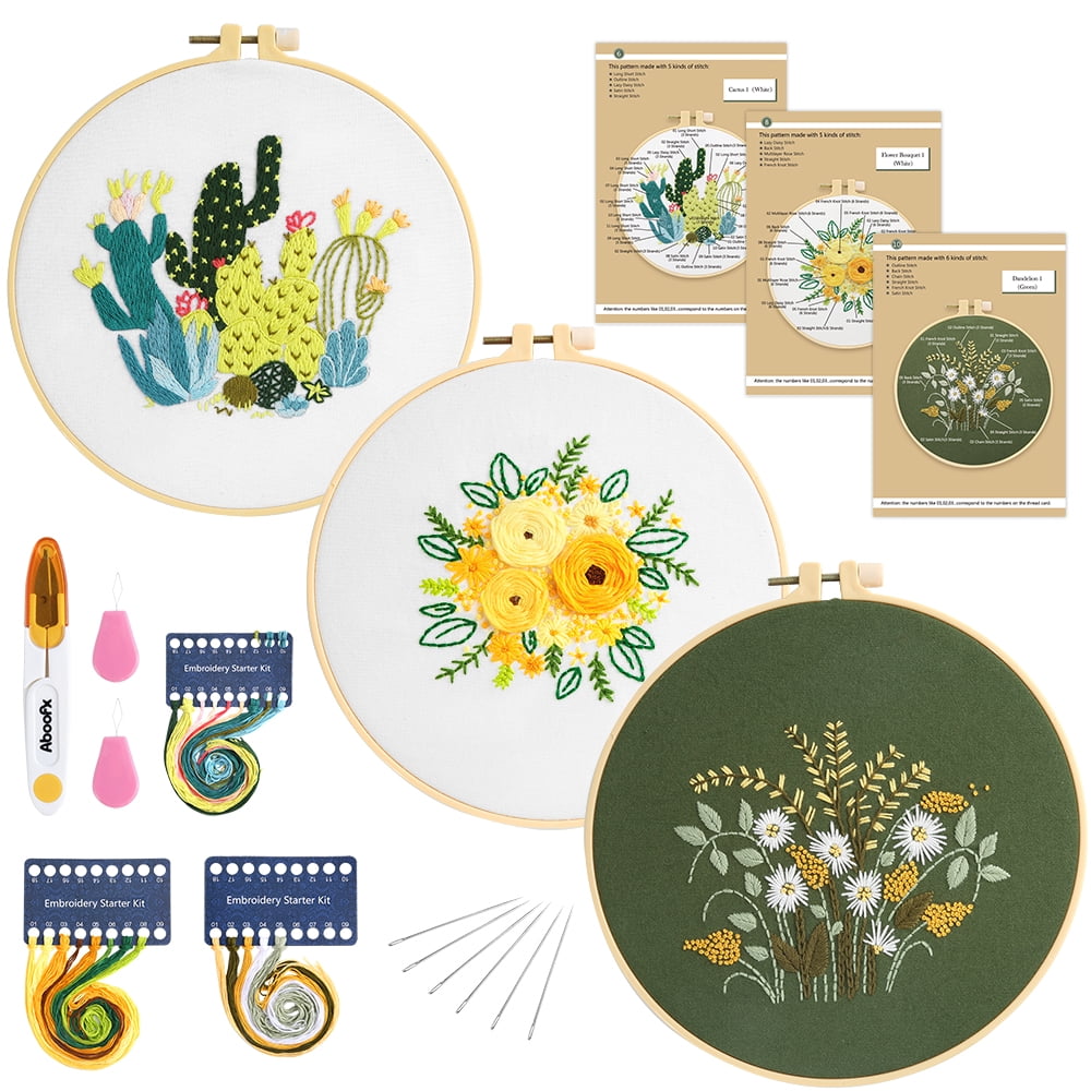 3 Pcs Embroidery Starter Kit with Pattern and Instructions, Cross Stitch Beginner Kit, 3 Embroidery Clothes with Plants and Floral Pattern, 1 Plastic