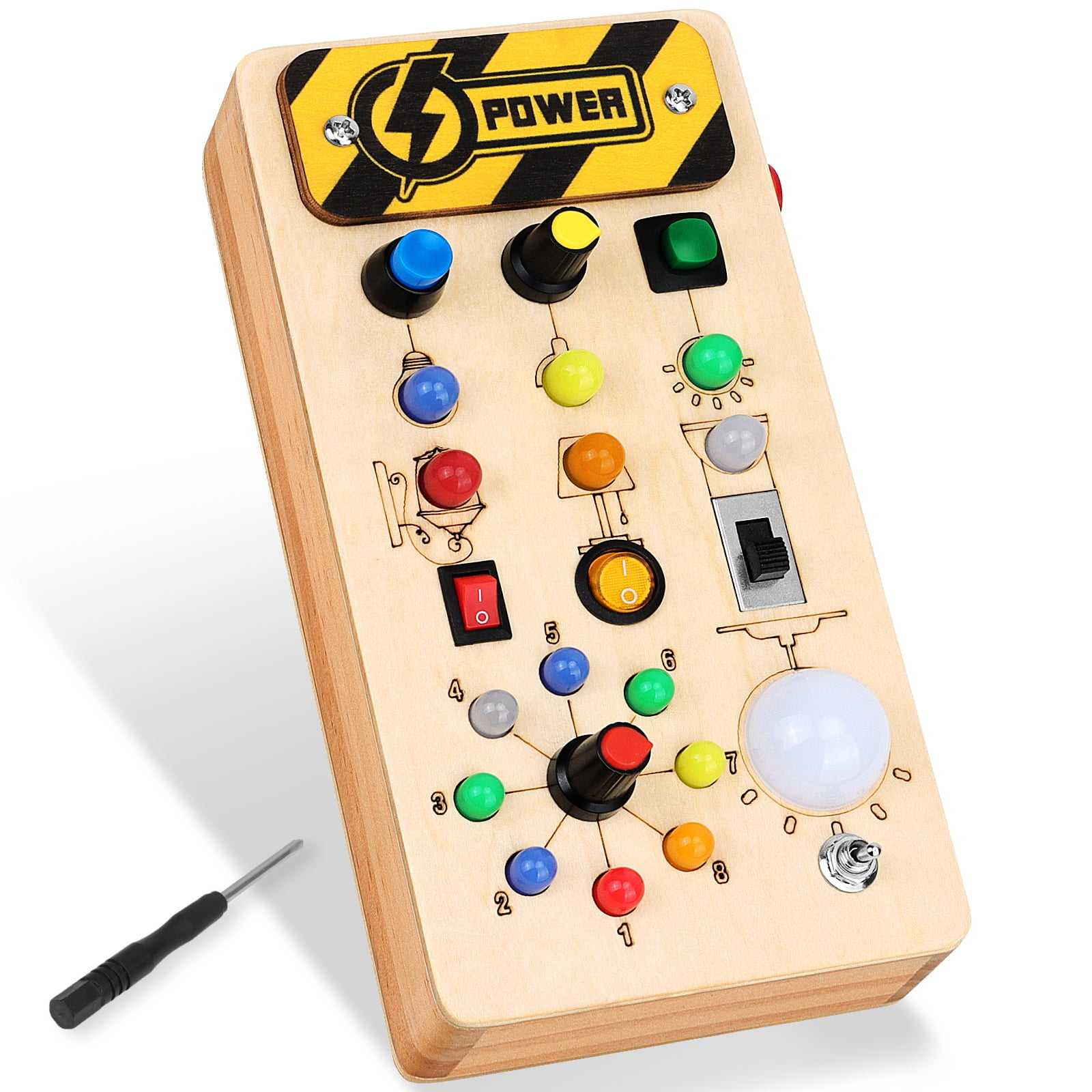 Aboosam Montessori Busy Board with 8 LED Light Switches, Toddler Wooden Busy Board Light Switch