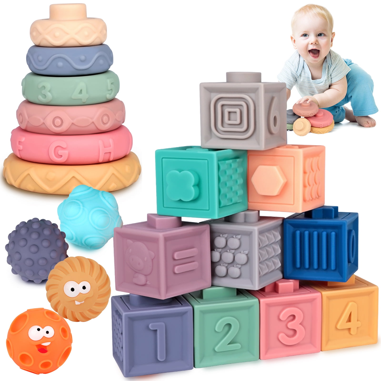 Aboosam Soft Stacking Blocks Baby Toys 6 to 12 Months, 22 Pieces