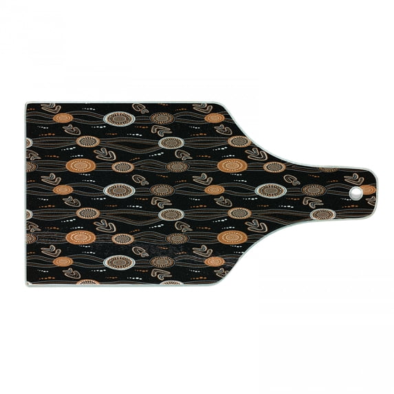 Aboriginal Cutting Board, Abstract Rounded Shapes Dotted Wavy Lines and Boomerang Motifs, Decorative Tempered Glass Cutting and Serving Board, in 3 Sizes, by Ambesonne